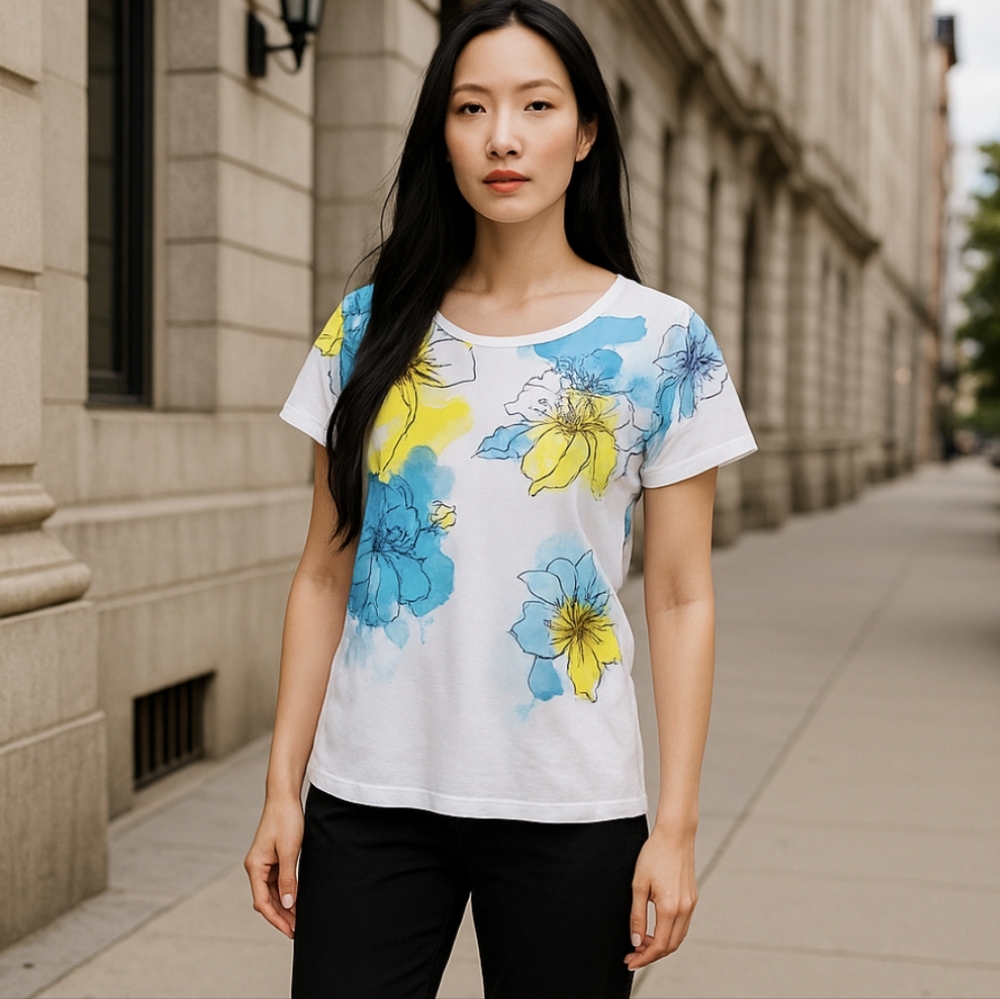 Tag Sleeveless White w/ Turquoise & Yellow Black Floral Top
